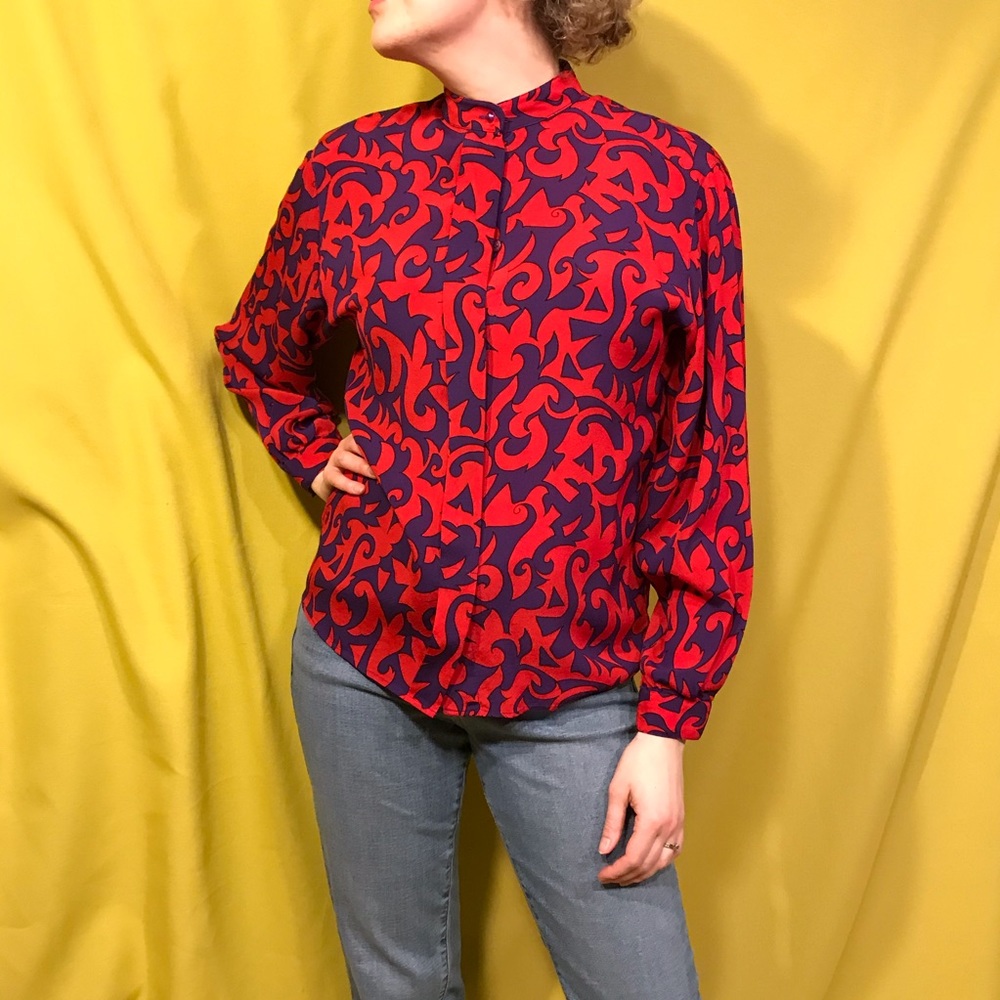 Bold vintage 80s/90s red & purple band collar top